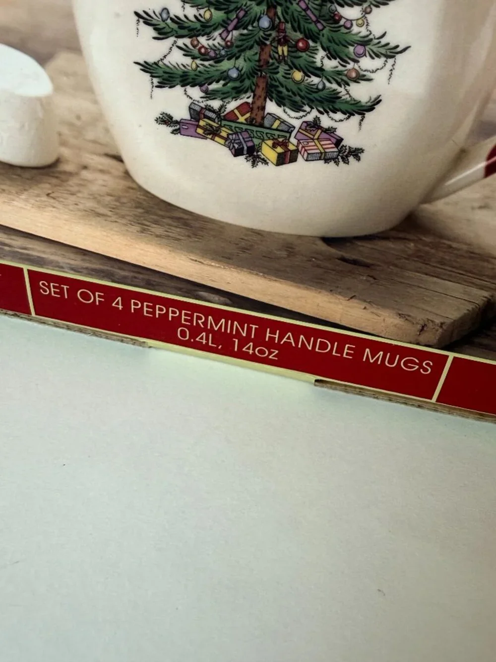 Spode Peppermint Handle Mugs Christmas Tree Set of 4 Candy Cane Santa 14 oz